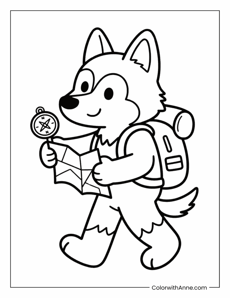 Wolf with a Backpack Coloring Page
