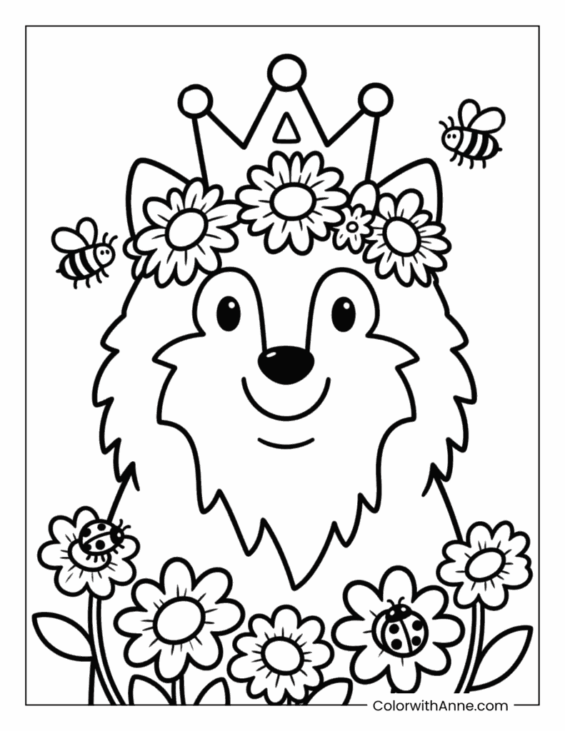 Wolf with a Flower Crown Coloring Page