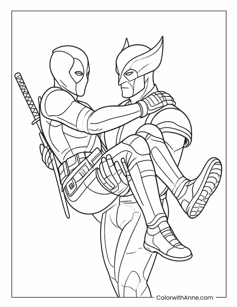 Wolverine Carrying Deadpool Coloring Page