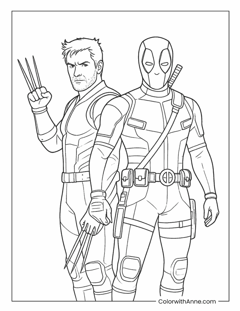 Wolverine and Deadpool Ready for Battle Coloring Page