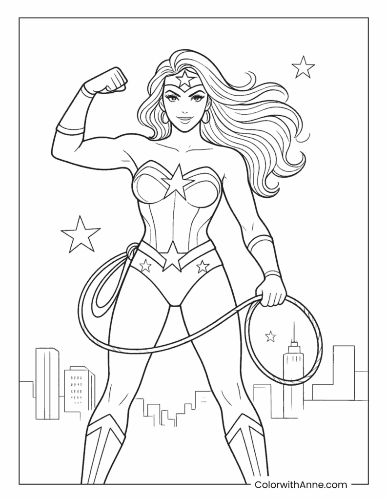 Wonder Woman Flexing In City Coloring Page