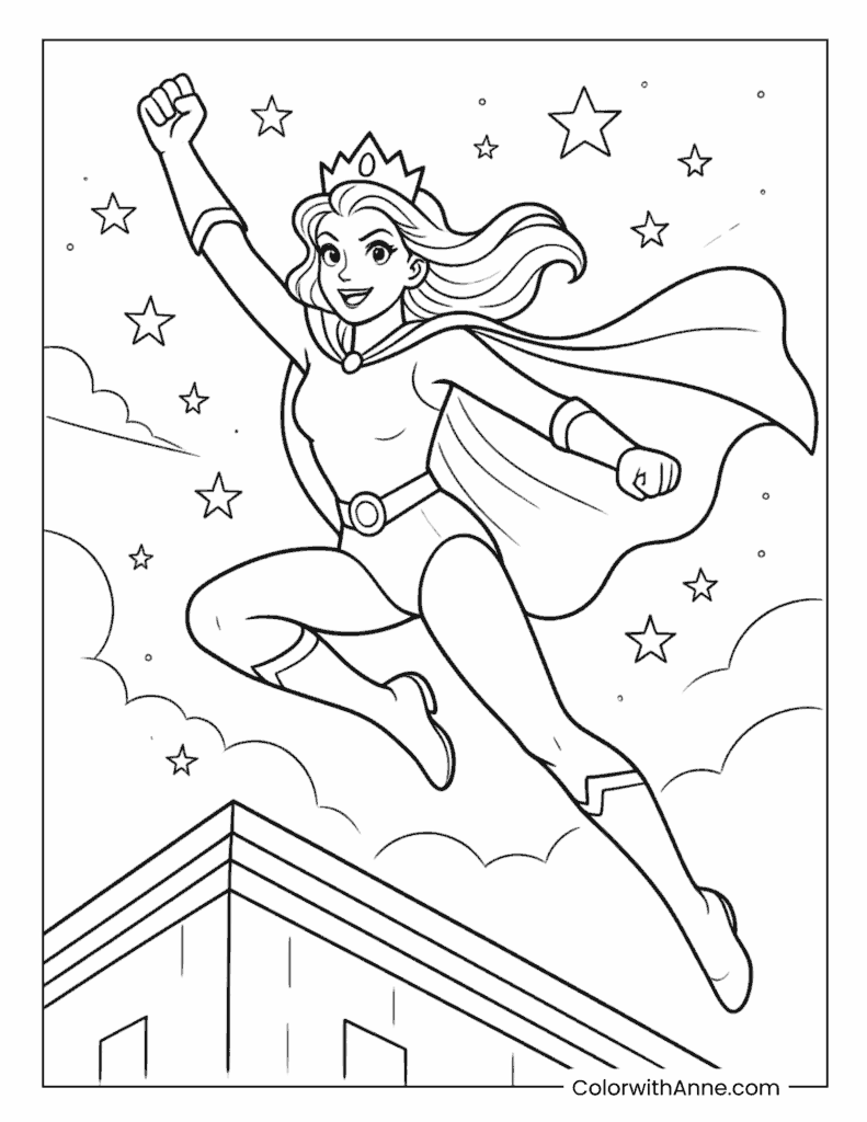 Wonder Woman Flying Above Rooftop Coloring Page