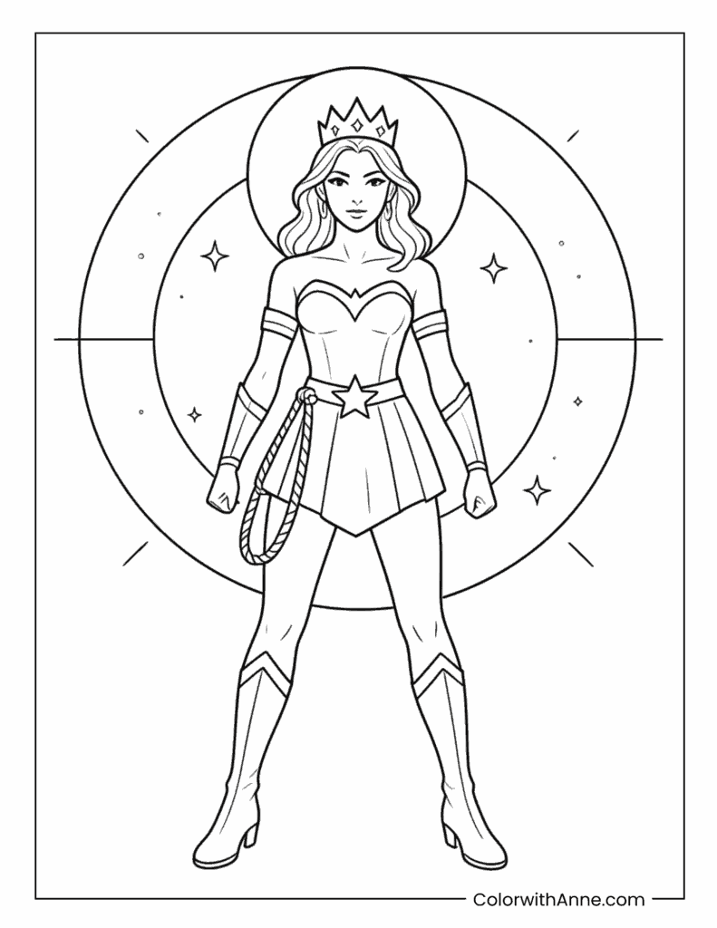 Wonder Woman Full Body Circle Portrait Coloring Page