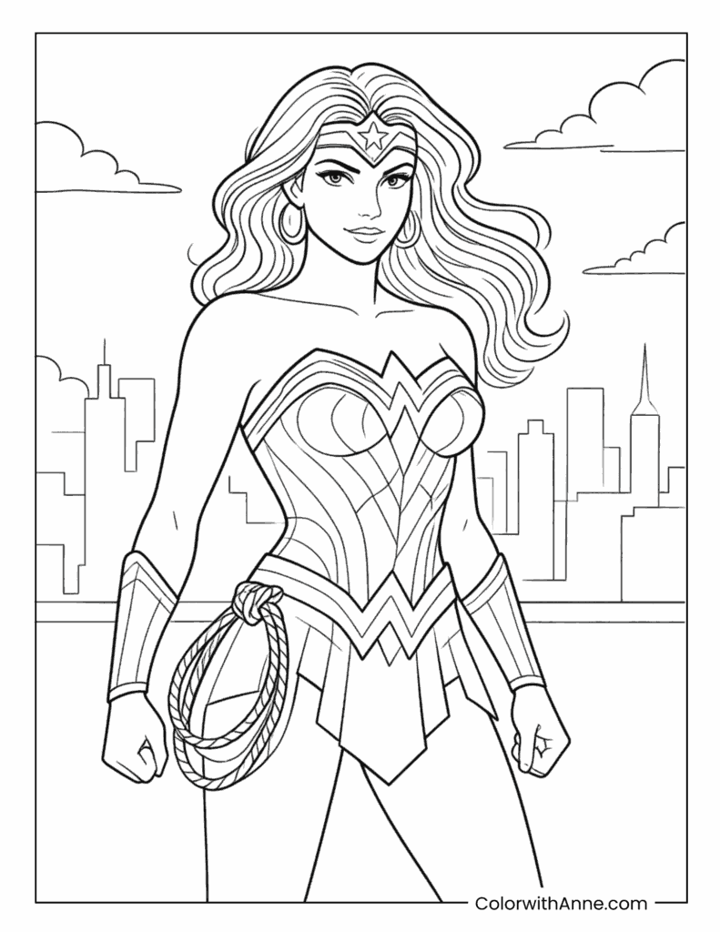 Wonder Woman Portrait In City Coloring Page