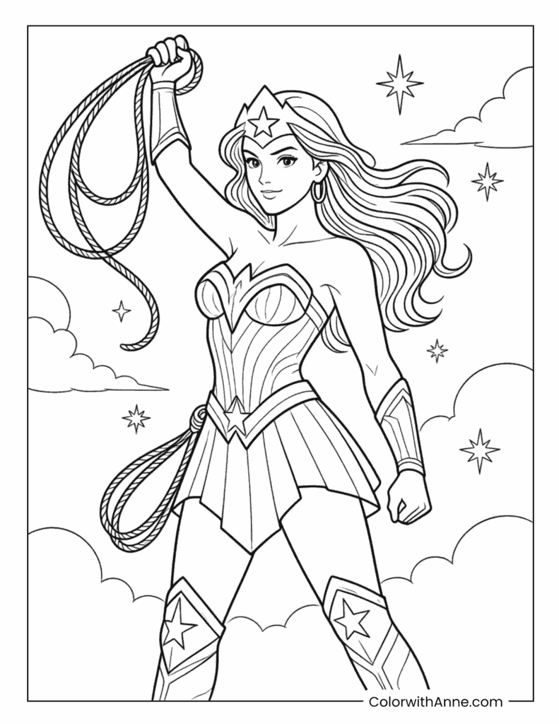 Wonder Woman Raising Lasso In Clouds Coloring Page
