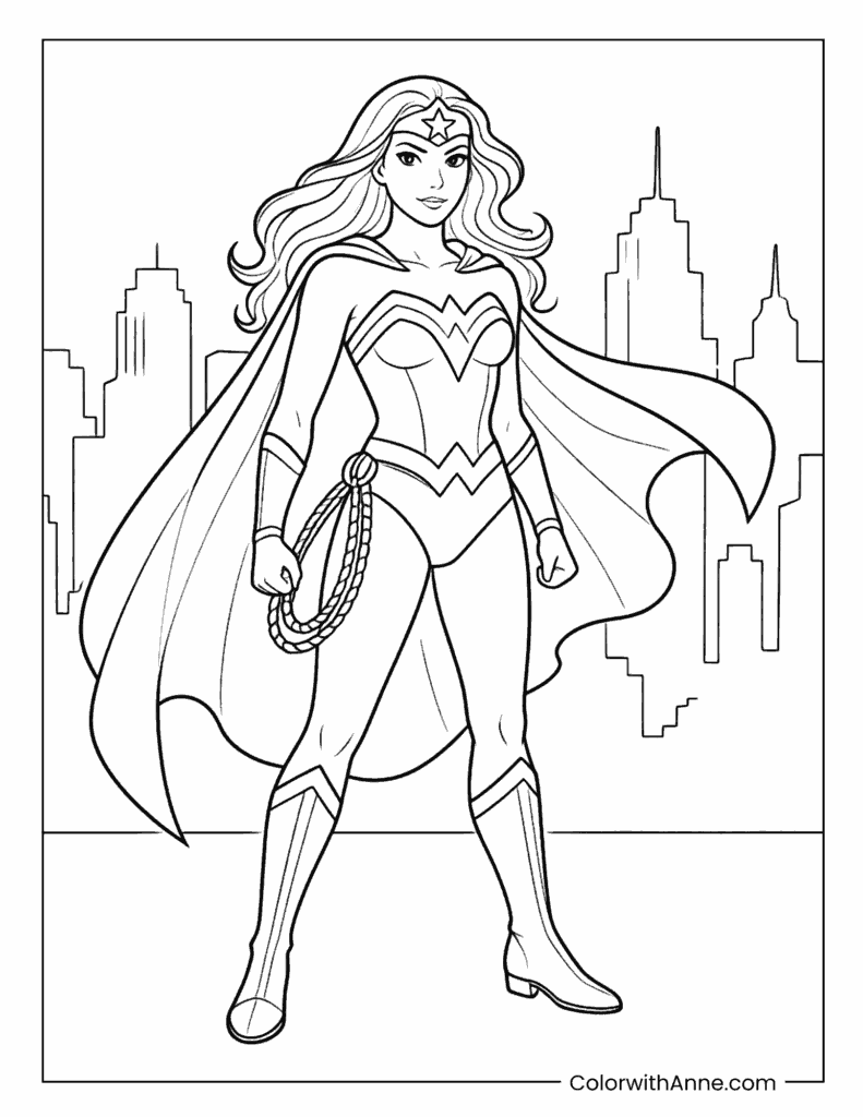 Wonder Woman Standing Before City Coloring Page