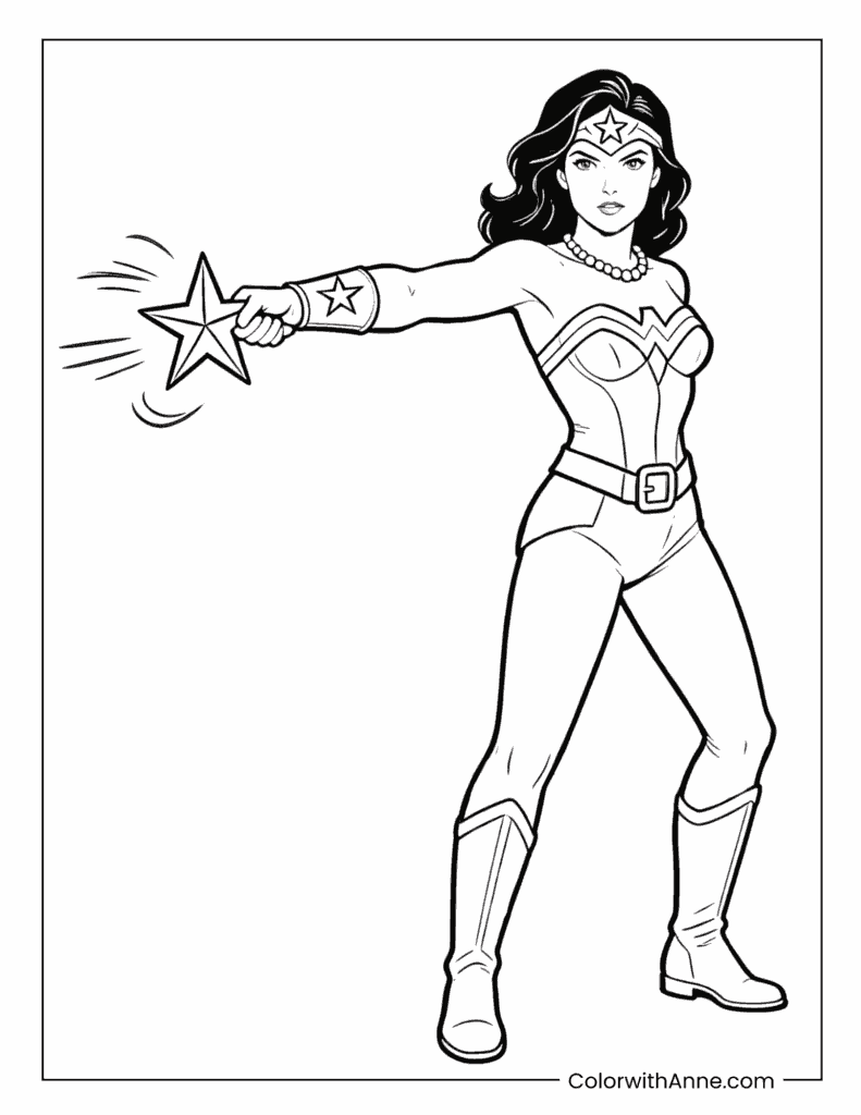 Wonder Woman Throwing a Shining Star Superhero Coloring Page