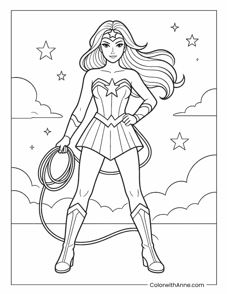 Wonder Woman With Lasso And Clouds Coloring Page
