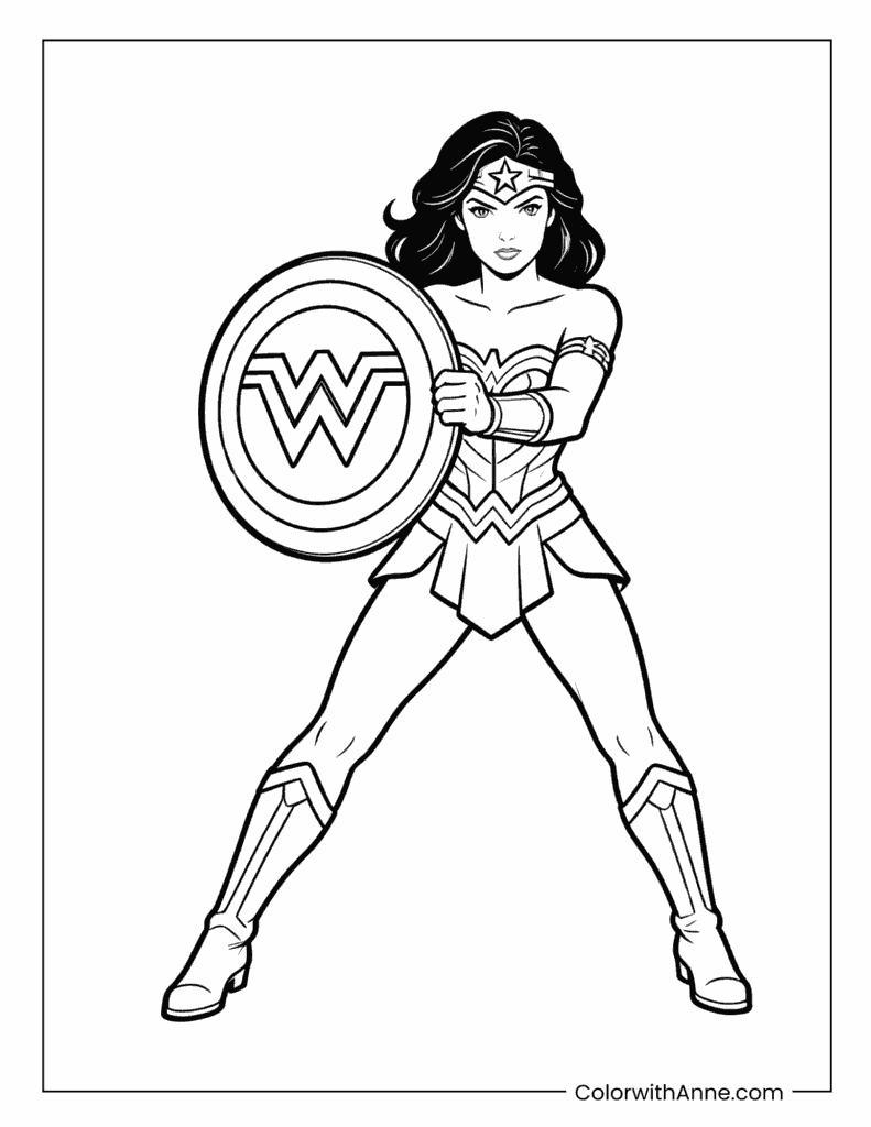 Wonder Woman in Battle Stance with W Shield Coloring Page