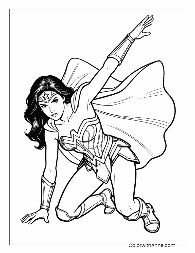 Wonder Woman in Dynamic Kneeling Pose with Flowing Cape Coloring Page