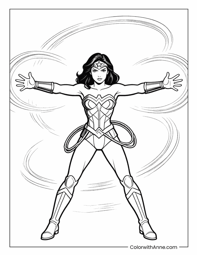 Wonder Woman in Powerful Stance with Lasso and Motion Lines Coloring Page