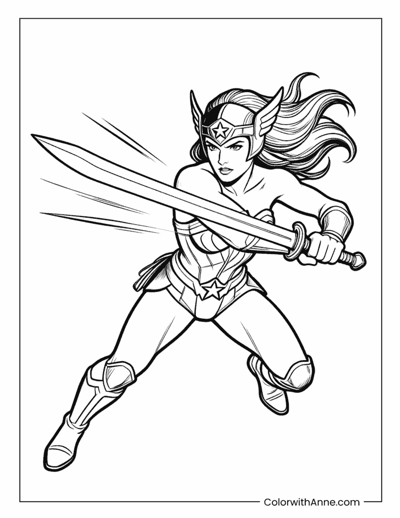 Wonder Woman with Sword Charging Forward Action Coloring Page
