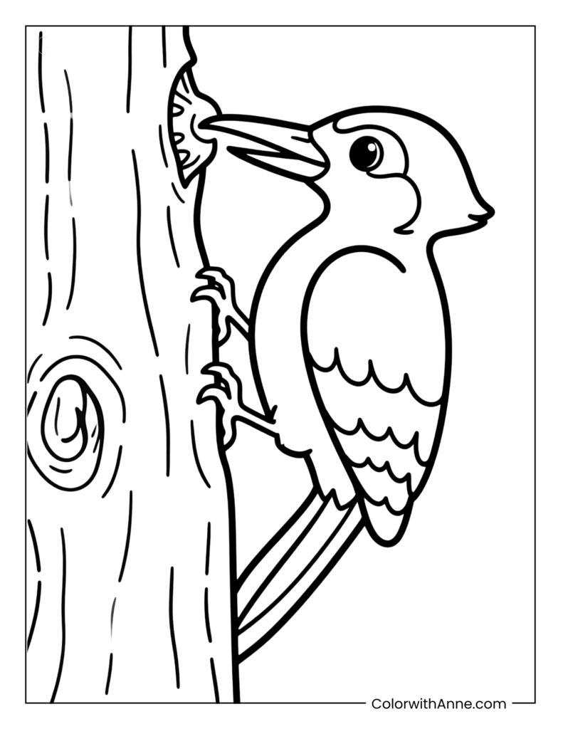Woodpecker Pecking a Tree Coloring Page