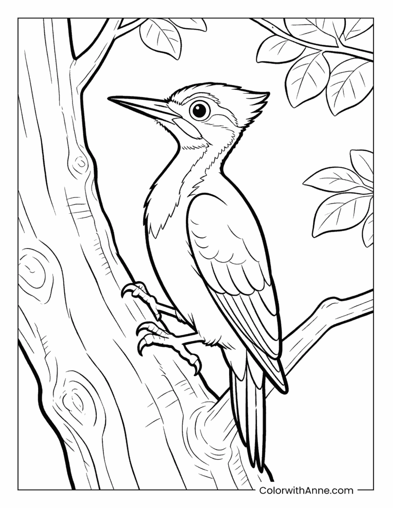 Woodpecker on a Tree Trunk Coloring Page