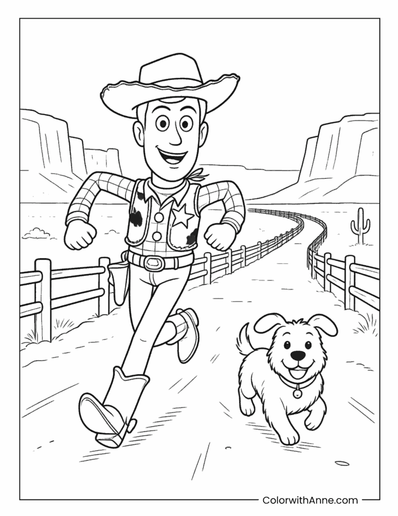 Woody Running Through the Ranch with a Puppy Coloring Page