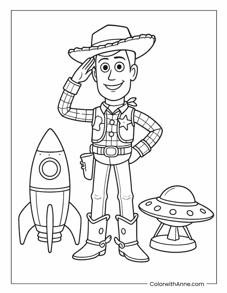 Woody Saluting Beside a Rocket Ship Coloring Page