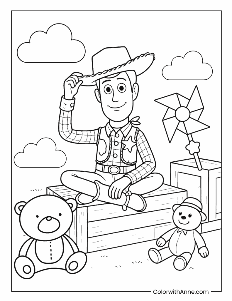 Woody Sitting with Toys and a Pinwheel Coloring Page