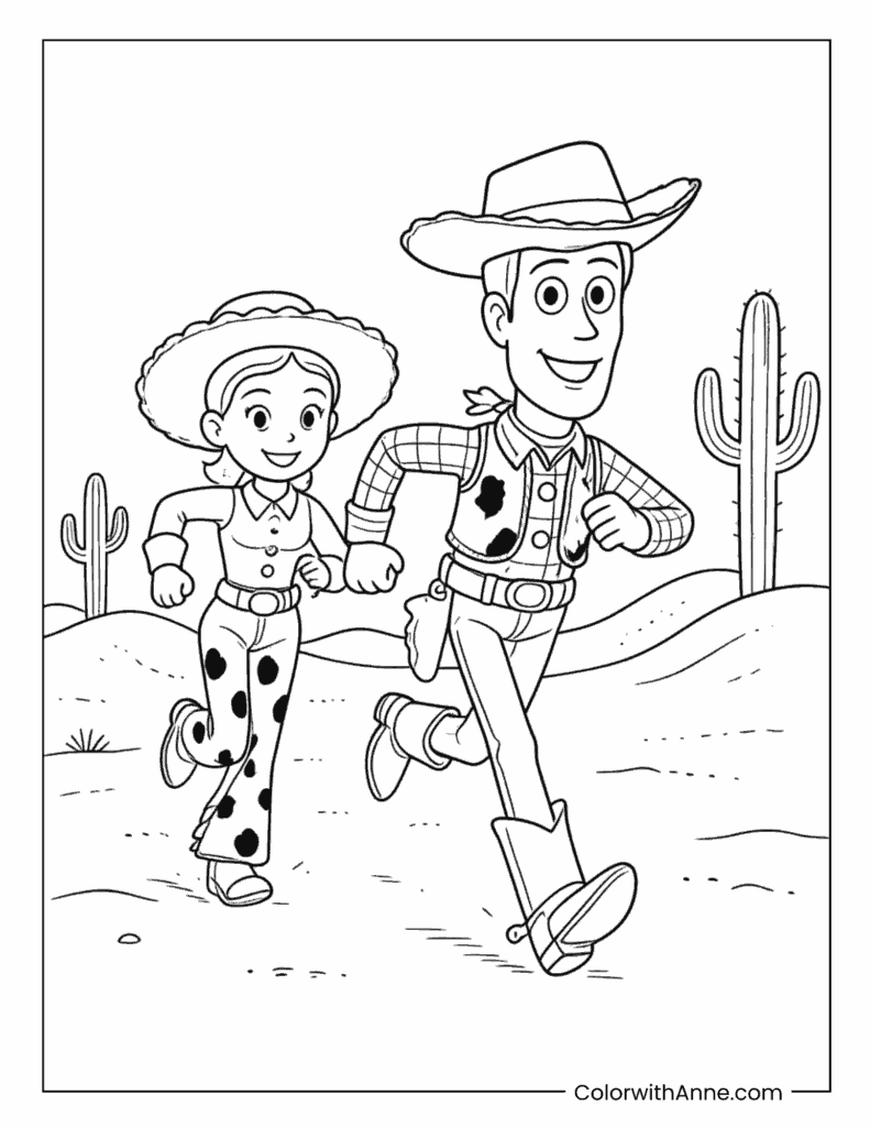 Woody and Jessie Running Across the Desert Coloring Page