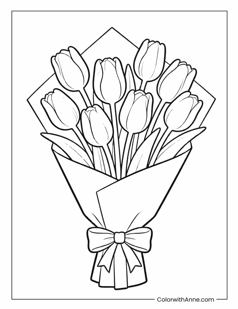 Wrapped Tulip Bouquet with Bow Gift Coloring Page