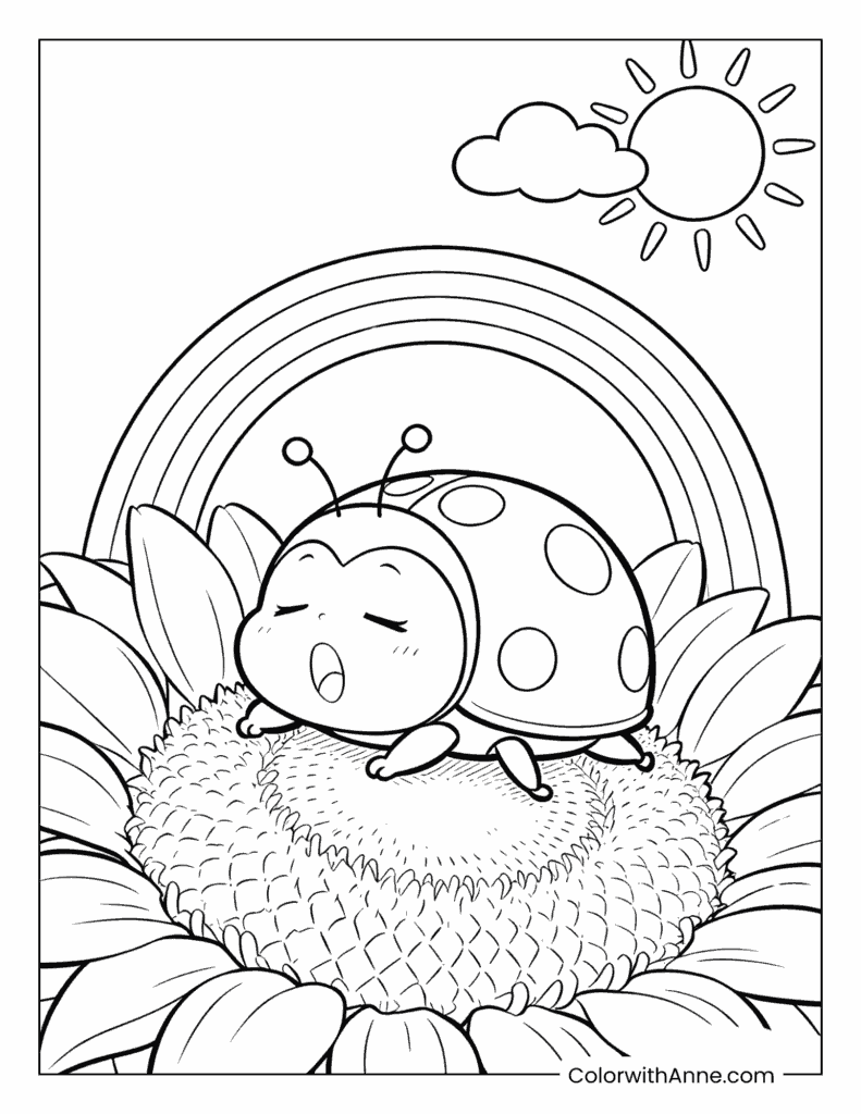 Yawning Ladybug on a Sunflower Coloring Page
