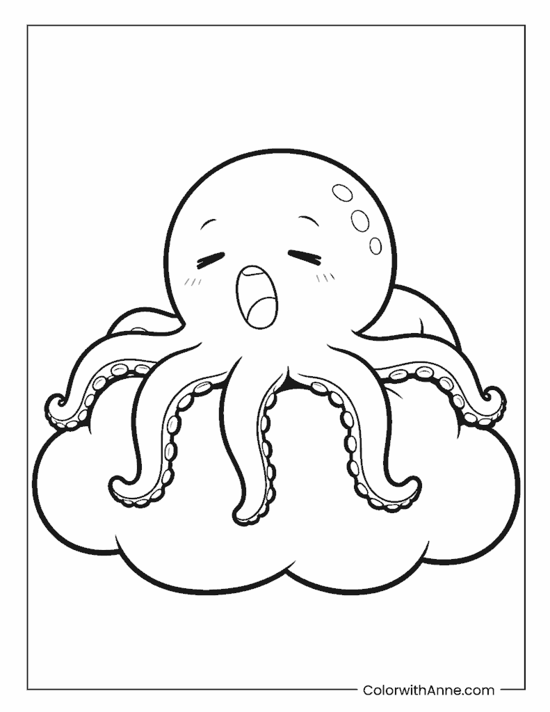Yawning Octopus on a Cloud Coloring Page