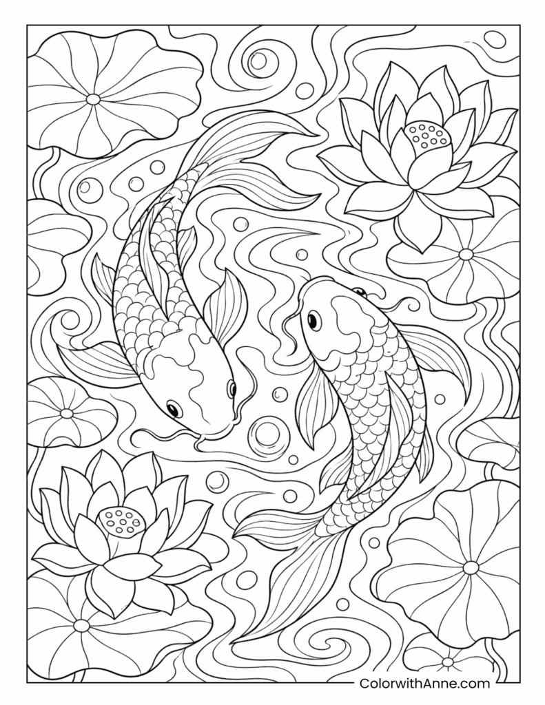 Yin Yang Twin Koi And Lotus Pond Trippy Coloring Page
