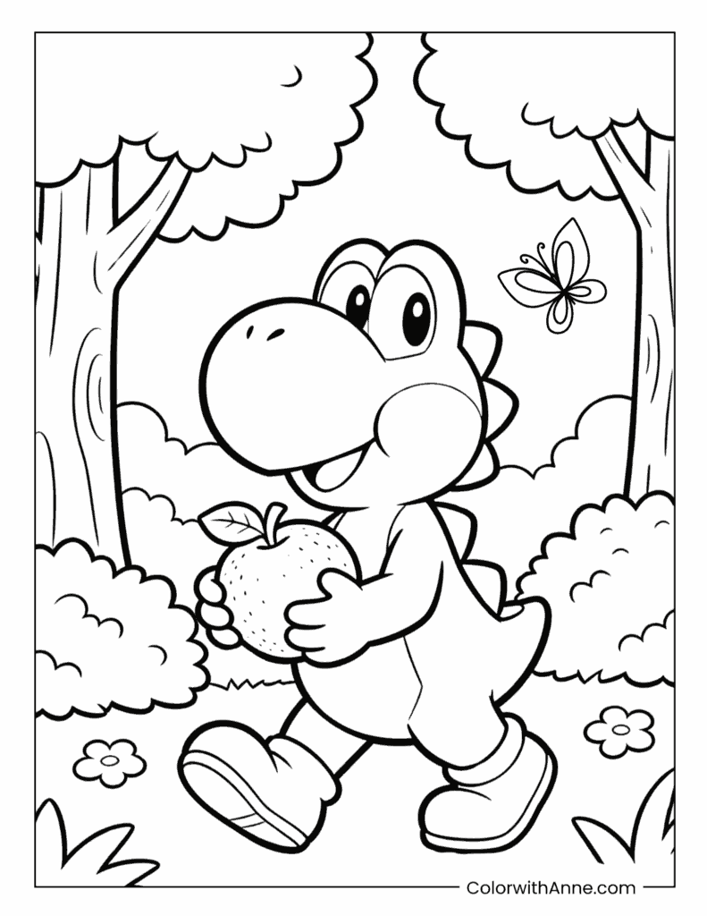 Yoshi Carrying Big Apple in Forest Easy Cartoon Coloring Page