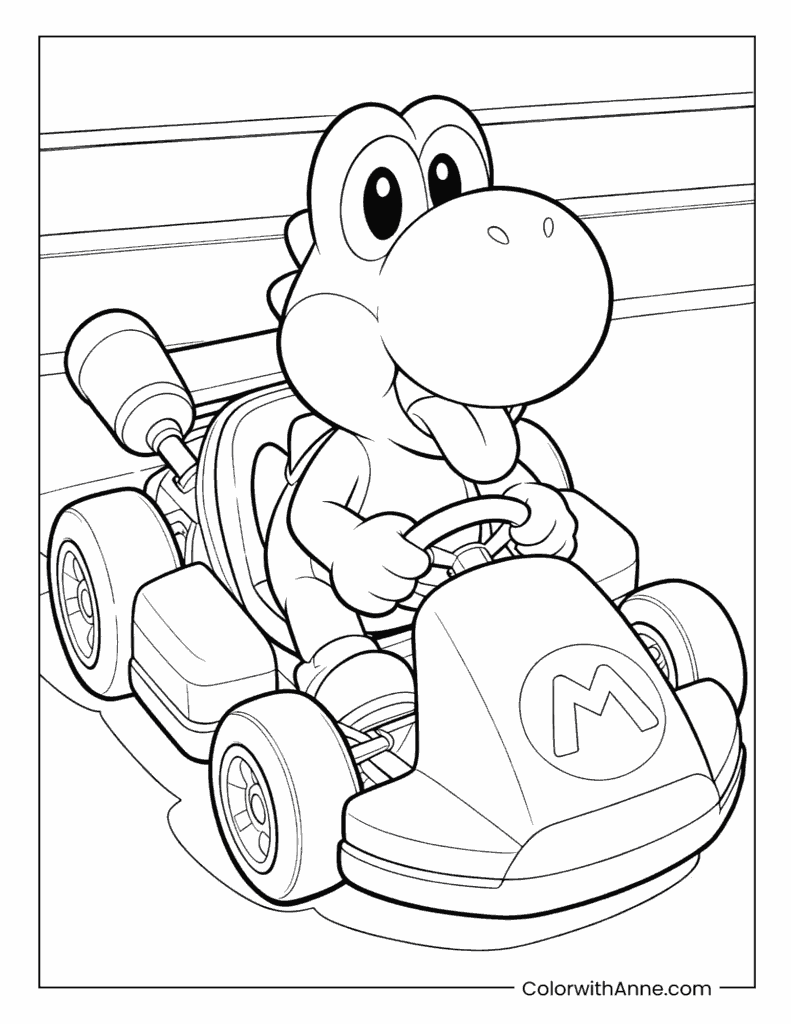 Yoshi Driving His Kart Coloring Page