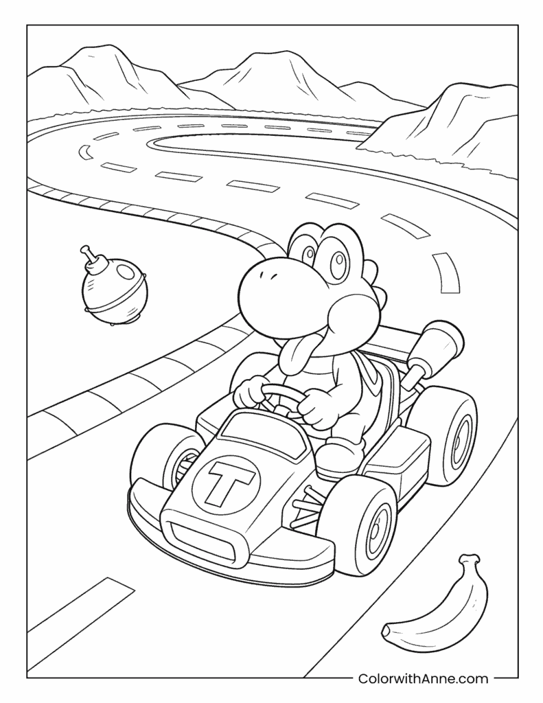 Yoshi Driving a Kart in a Mountain Course Coloring Page