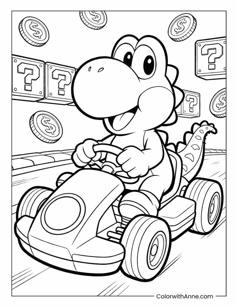 Yoshi Driving a Kart with Mystery Boxes Coloring Page