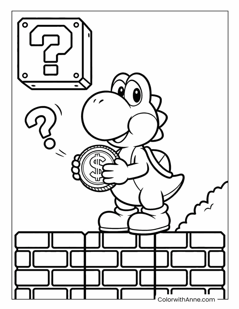 Yoshi Holding Gold Coin on Brick Wall Coloring Page for Kids