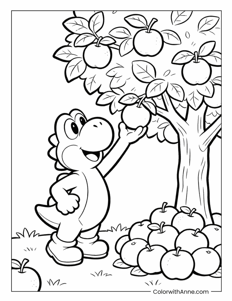 Yoshi Picking Apples from Tree Fun Cartoon Coloring Page