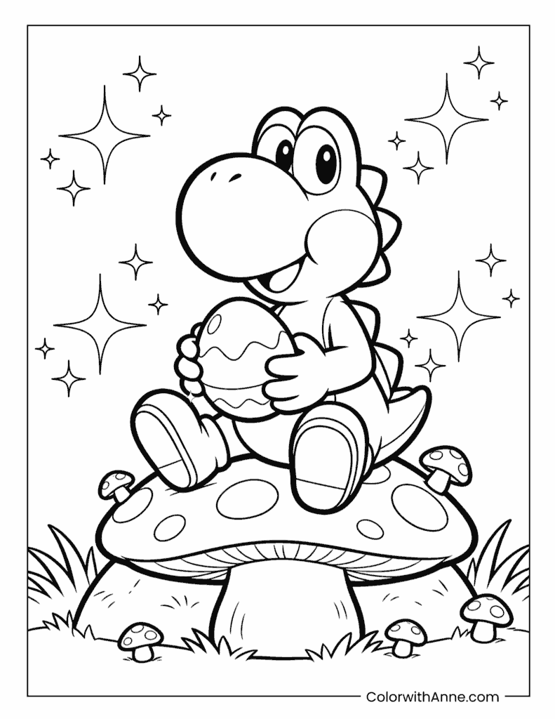 Yoshi Sitting on a Giant Mushroom Holding an Easter Egg Coloring Page