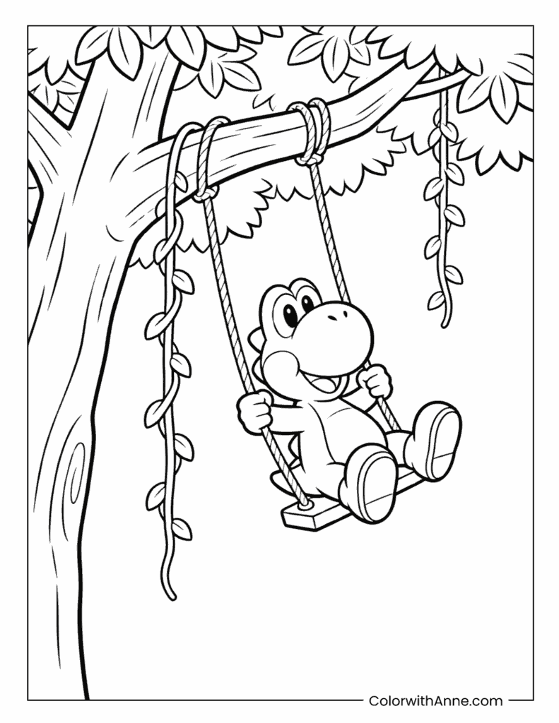 Yoshi Swinging on Vine Ropes Fun Super Mario Coloring Page