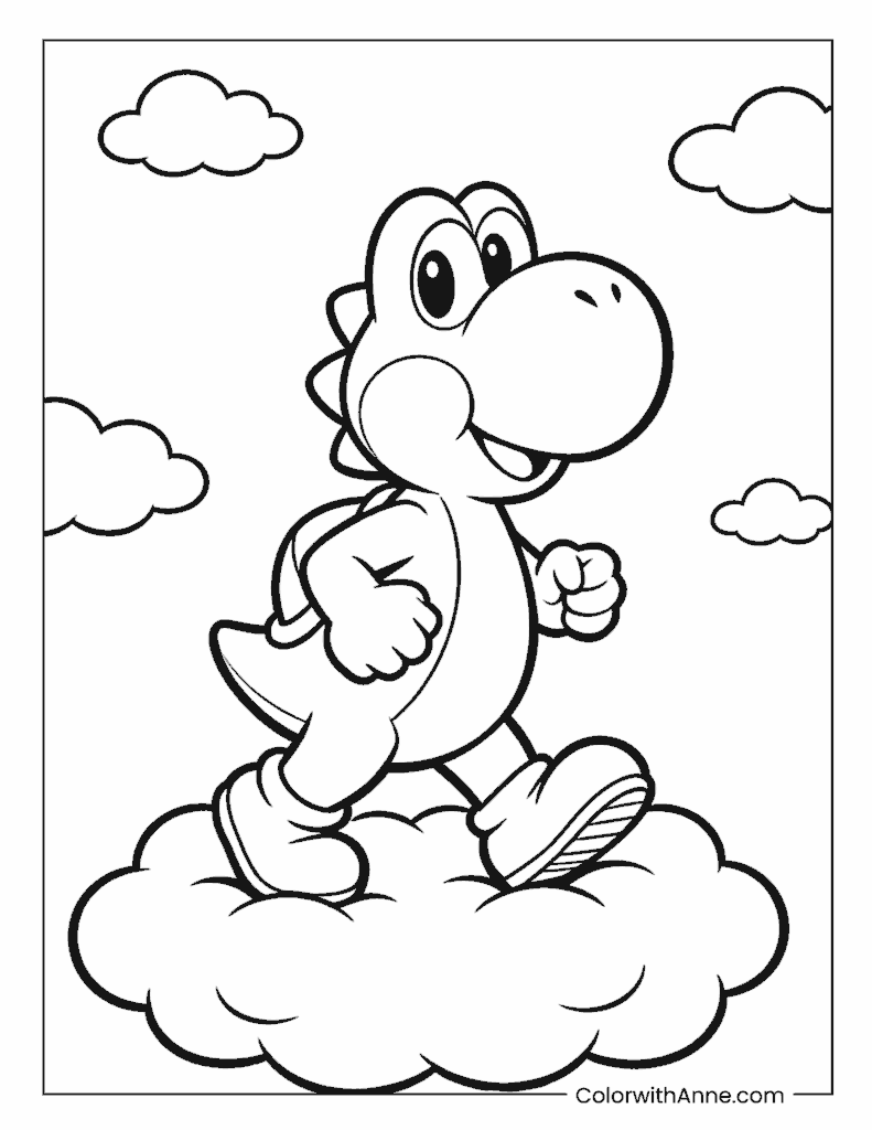 Yoshi Walking on Happy Clouds Simple Coloring Page