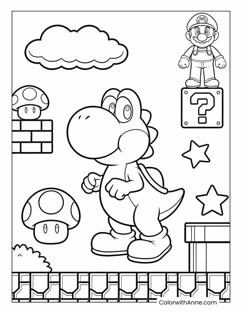 Yoshi and Mario with Stars and Block Coloring Page for Kids