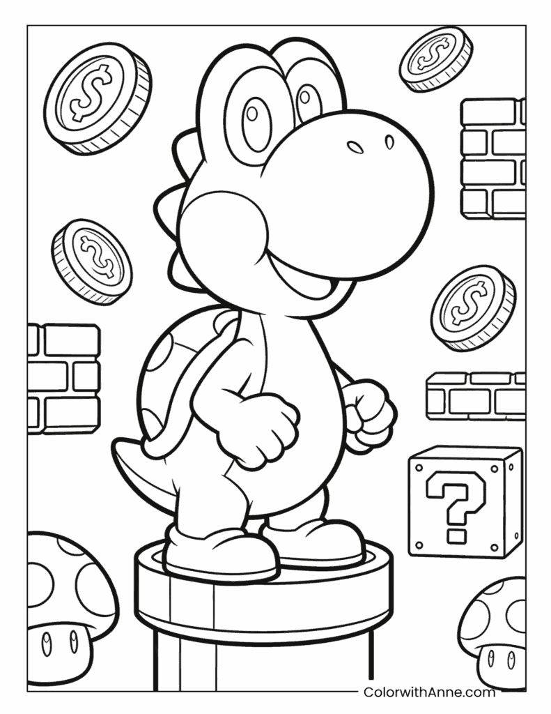 Yoshi with Coins Mushrooms and Blocks Coloring Page
