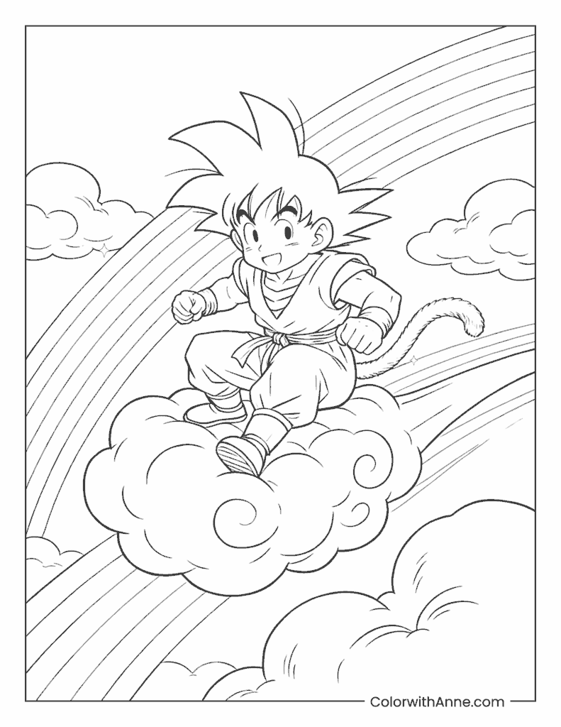 Young Goku Flying on His Nimbus Cloud Coloring Page