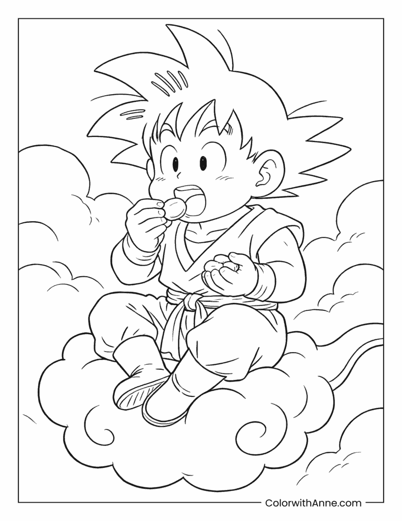 Young Goku Munching Happily on a Cloud Coloring Page