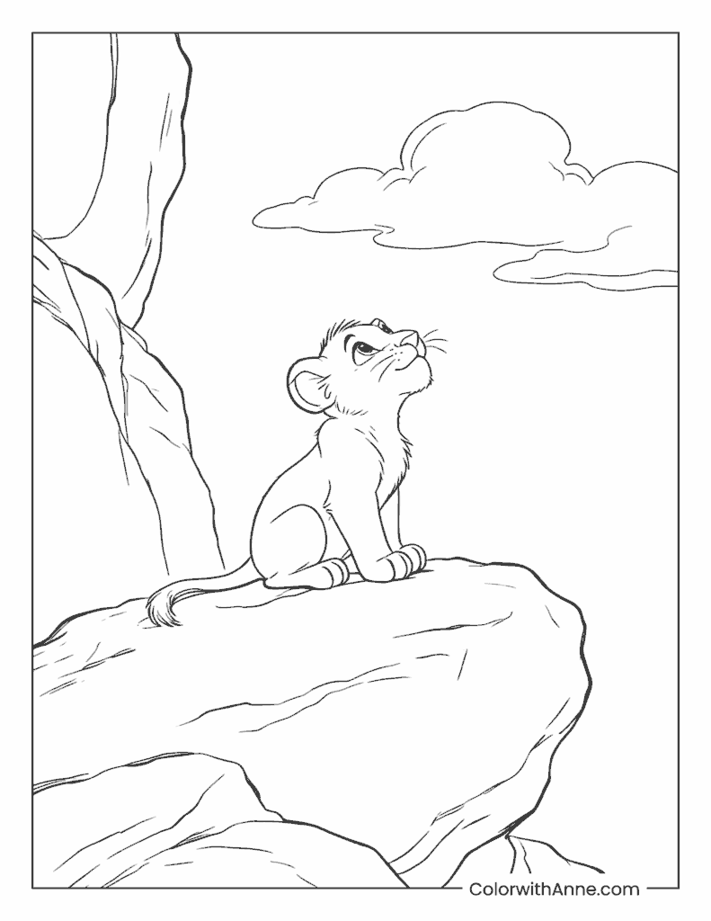 Young Simba Dreaming on a Rock Coloring Page