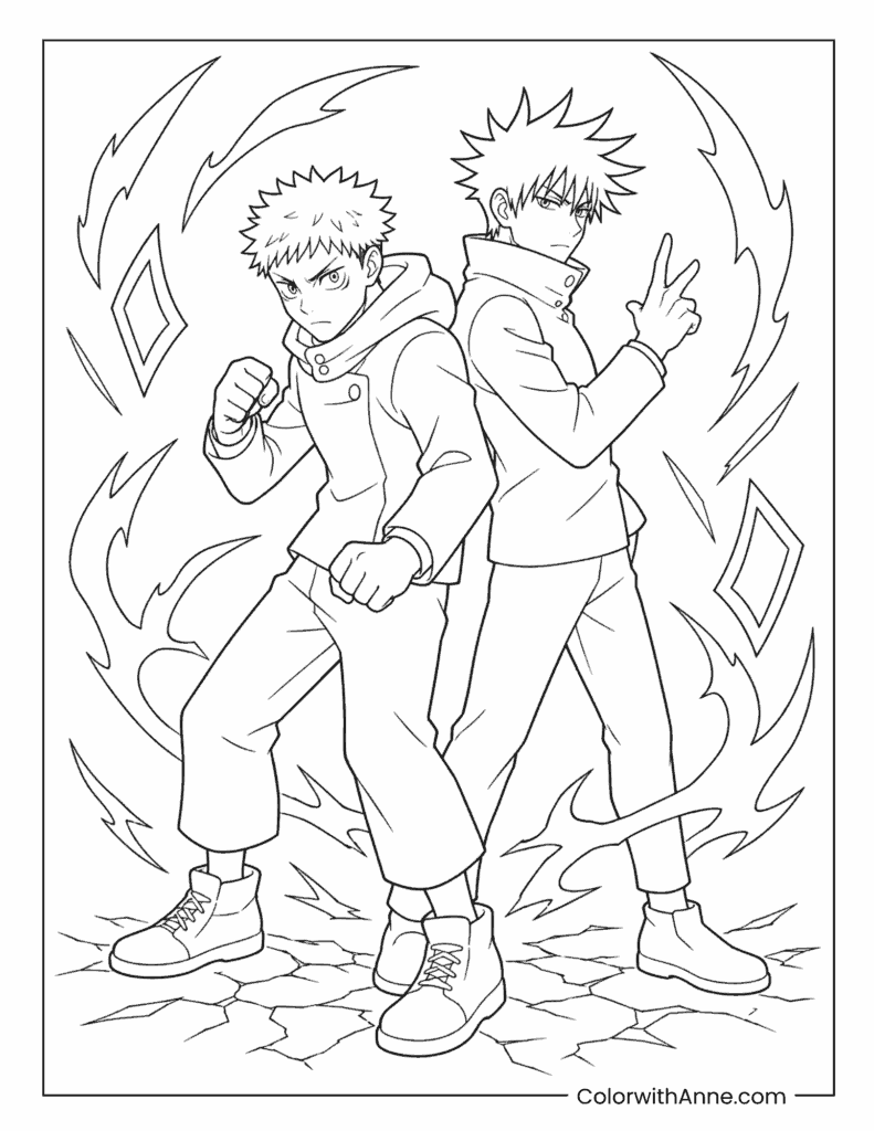Yuji Itadori And Megumi Fushiguro Battle Pose Coloring Page
