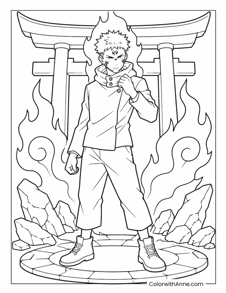 Yuji Itadori Standing At Shrine Coloring Page