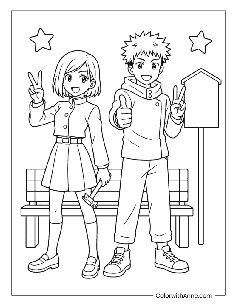 Yuji Itadori and Nobara Kugisaki Peace Sign Coloring Page