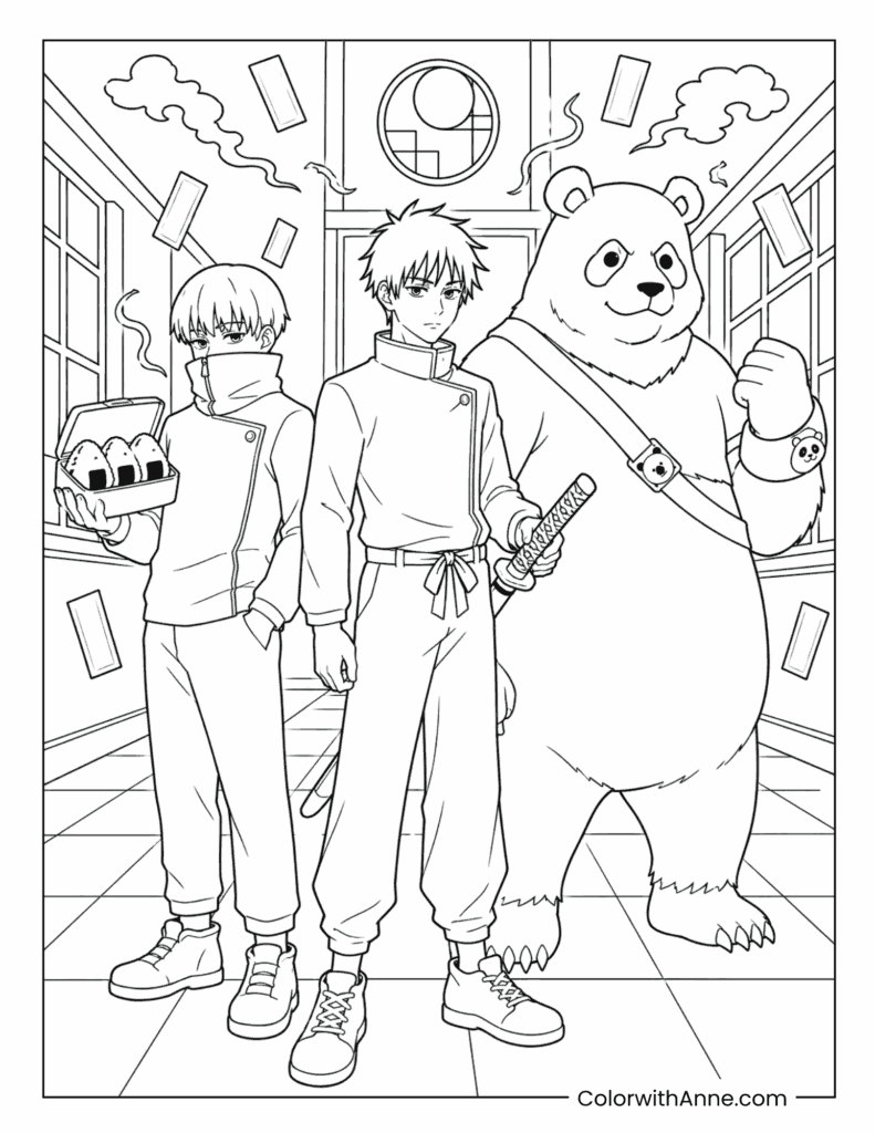 Yuji Megumi And Panda In City Scene Coloring Page