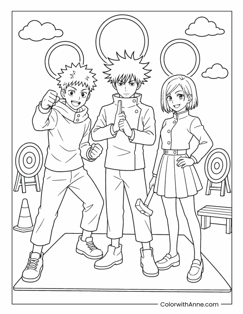Yuji, Megumi, and Nobara Training Room Coloring Page