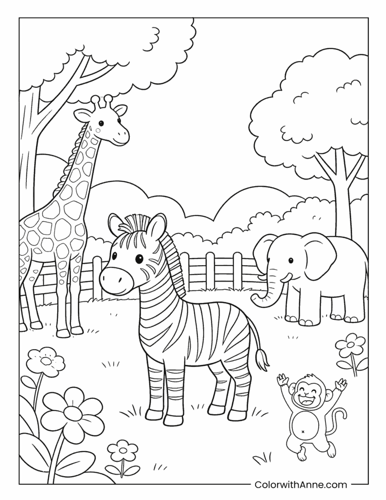 Zebra, Giraffe, Elephant and Monkey Jungle Scene Coloring Page