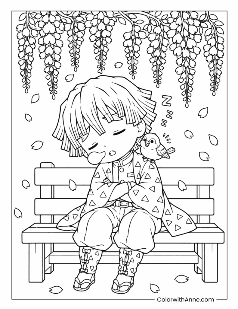 Zenitsu Sleeping on a Bench with a Little Bird Coloring Page