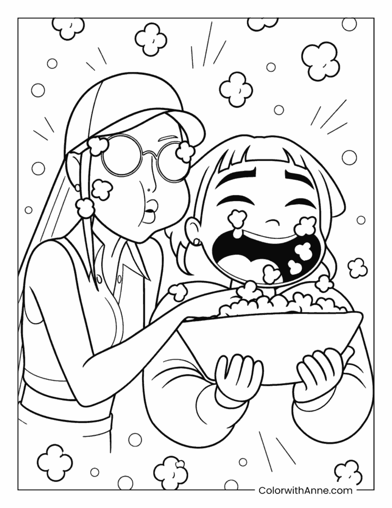 Zoey With Mira Enjoying Popcorn Coloring Page