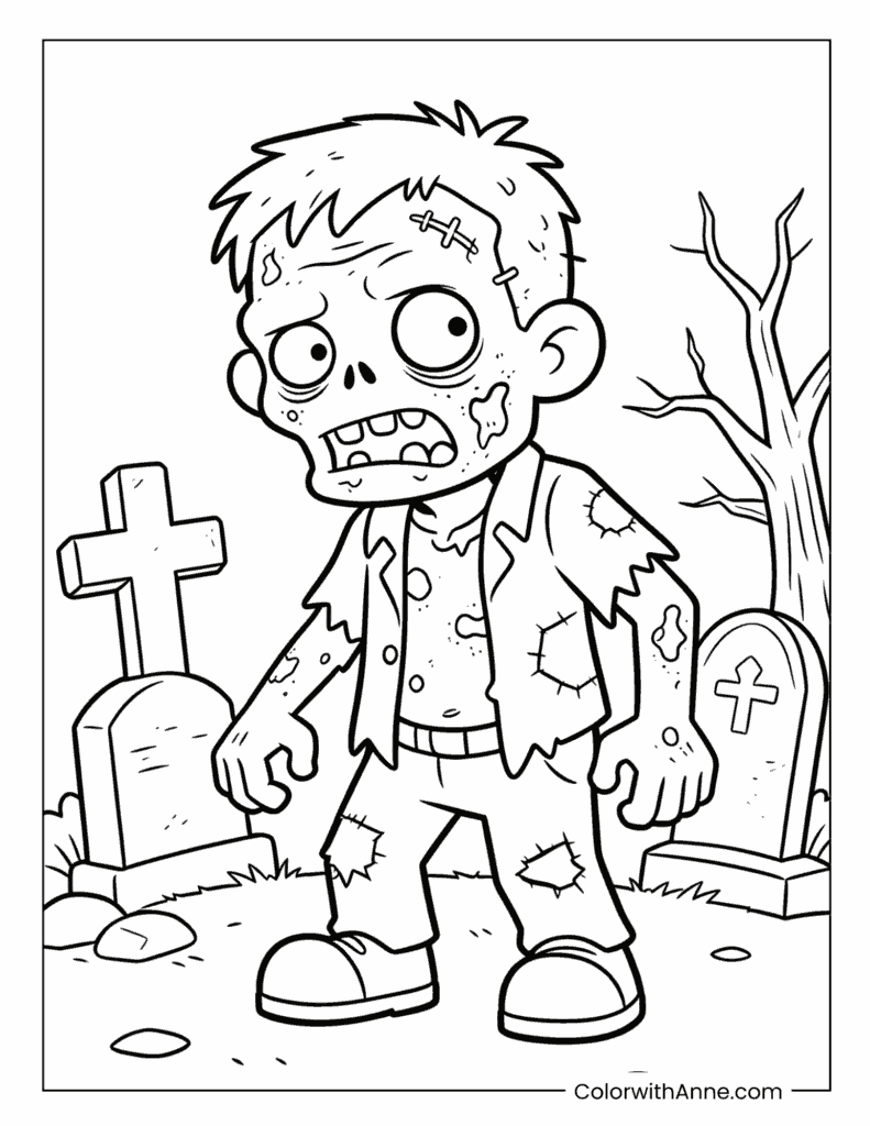 Zombie in Graveyard with Tombstones Coloring Page