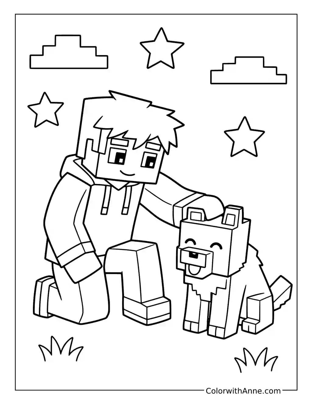 Aaron Petting a Minecraft Wolf coloring page